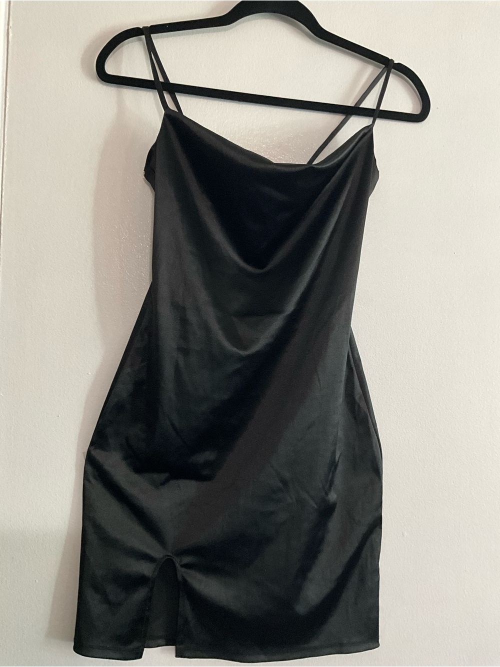 Black Satin Cowl Mini Dress with Slim Straps